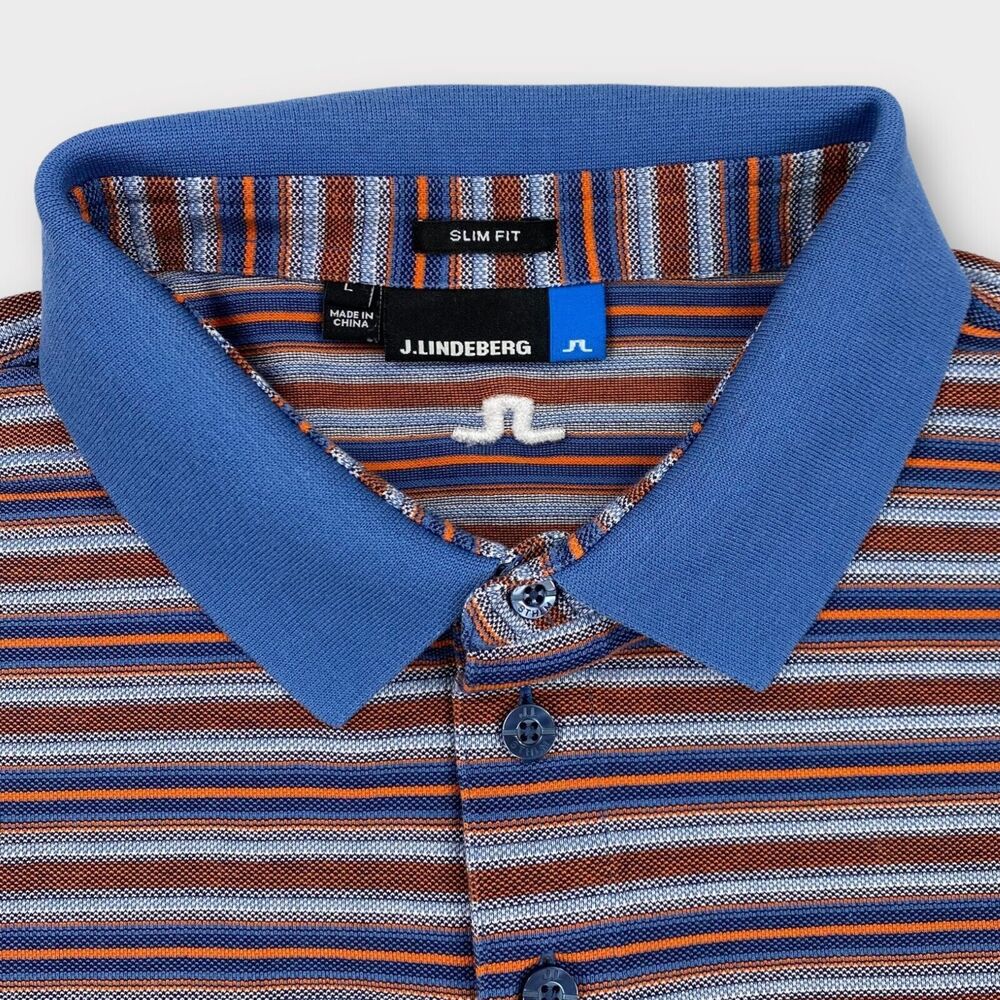 $115 J Lindeberg Polo Shirt Mens Large Striped Dev Slim Lux Pique Logo Golf - Picture 6 of 9